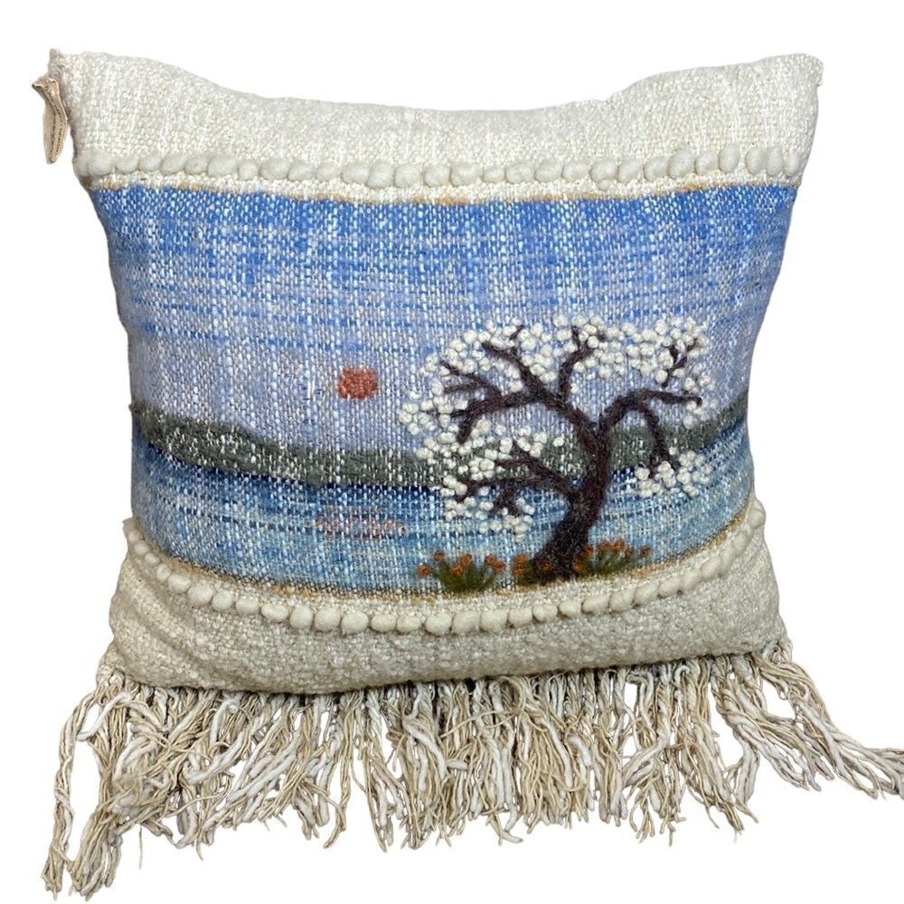 Bobby wells weaving throw pillow art fringed waterscape tree one of a kind